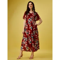 Fashion2wear Maroon Floral Short sleeves Maxi Dress-picture-28