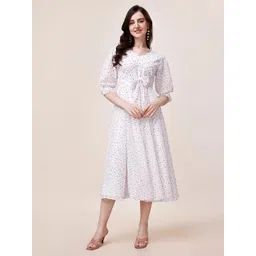 Fashion2wear Polka Dots Printed V-Neck Puff Sleeves Georgette Fit & Flare Midi Dress-picture-26