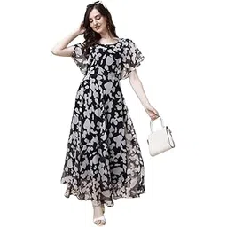 fashion2wear Women's Stylish Georgette Fit and Flare Fashionable Round Neck Dress Rama(Blossom)-picture-44