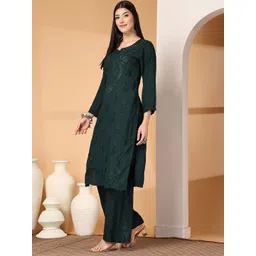 FashionChikan Art Women Ethnic Motifs Embroidered Regular Thread Work Kurta with Palazzos image 2