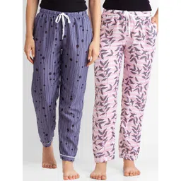 FashionRack Women Pack Of 2 Blue & Pink Printed Cotton Lounge Pants-picture-49