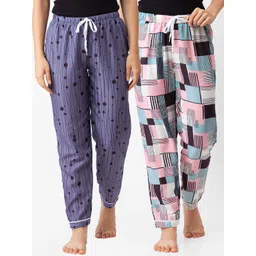 FashionRack Women Pack Of 2 Purple & Pink Printed Cotton Lounge Pants-picture-47