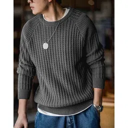 fashlook Men Solid Round Neck Grey Sweater image 1