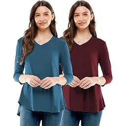 fashmind Combo of Plain V-Neck 3/4 Sleeve Up and Down Cotton Tshirt for Women-picture-34