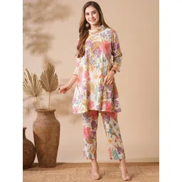 FASHOR Floral Printed Mandarin Collar A-line Pure Cotton Kurti With Trousers Co-Ords-image-8