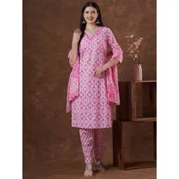 FASHOR Floral Printed V Neck Pure Cotton Straight Kurta & Trousers With Dupatta-picture-40
