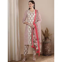 FASHOR Floral Printed V-Neck Pure Cotton Straight Kurta With Trousers & Dupatta-picture-15