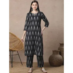 FASHOR Mirror Work Ikat Printed Straight Fit Cotton Top With Trousers Co-Ords-picture-22