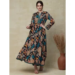FASHOR Navy Blue Floral Printed Embroidered Cotton Tie-Up Maxi Ethnic Dress-picture-15