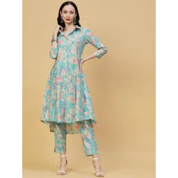 FASHOR Turquoise Blue Floral Printed Shirt Collar A-Line Kurta with Trousers-picture-14