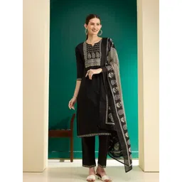 FASHOR Women Ethnic Motifs Embroidered Regular Thread Work Kurta with Trousers & With Dupatta-image-24