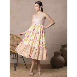FASHOR Women Ethnic Motifs Print Pleated Shoulder Straps A-Line Dress-image-25