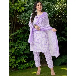 FASHOR Women Ethnic Motifs Printed Cotton Kurta with Trousers & Dupatta-picture-26
