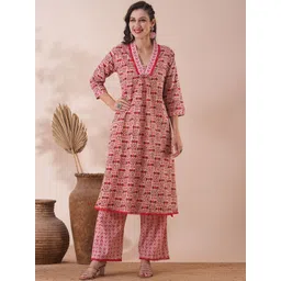 FASHOR Women Ethnic Motifs Printed Pleated Pure Cotton Kurta with Palazzos-image-15