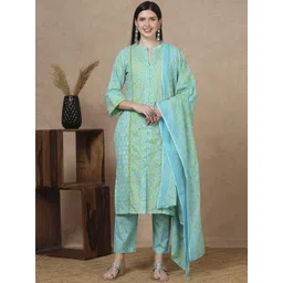FASHOR Women Ethnic Motifs Printed Regular Pure Cotton Kurta & Trousers With Dupatta-image-0