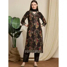 FASHOR Women Ethnic Motifs Printed Regular Thread Work Kurta with Trousers & With Dupatta-image-1