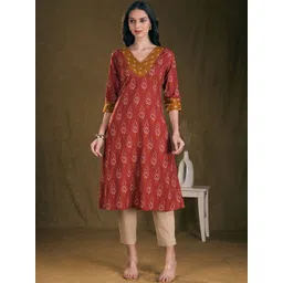 FASHOR Women Ethnic Motifs Printed V-Neck Pure Cotton A-Line Kurta with Trousers-image-10