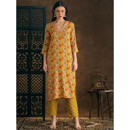 FASHOR Women Floral Printed Cotton Mirror Work Straight Pure Cotton Kurta & Trousers-picture-40