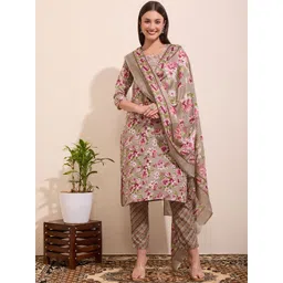 FASHOR Women Floral Printed Embroidered Zari Work Pure Cotton Kurta Trousers & Dupatta-picture-13