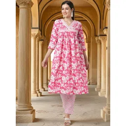 FASHOR Women Floral Printed Pure Cotton A-Line Kurta with Trouser-picture-39