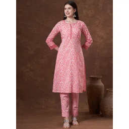 FASHOR Women Floral Printed Pure Cotton Kurta with Trouser-image-33