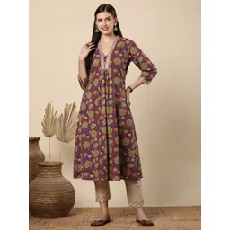 FASHOR Women Floral Printed Thread Work A-Line Pleated Kurta-picture-34