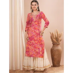 FASHOR Women Floral Printed Thread Work Indie Florals Kurta-image-49