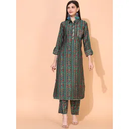 FASHOR Women Green Ethnic Motifs Foil Printed Shirt Collar Gotta Patti Kurta With Trouser-image-20