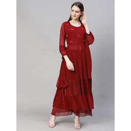 FASHOR Women Maroon Floral Embroidered Pleated Beads and Stones Kurta with Palazzos & With Dupatta-picture-28