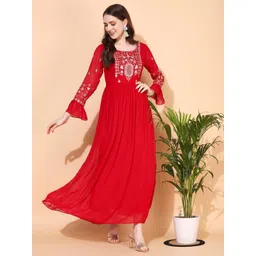 FASHOR Women Red Embellished Self Design A-Line Maxi Dress-image-44