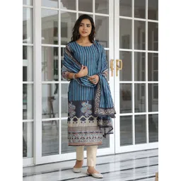 FASHOR Women Striped Flared Sleeves Sequinned Chanderi Silk Anarkali Kurta-image-38