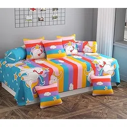 FASSCETE Soft Glace Cotton Designer Printed Diwan Set, 1 Single Bedsheet, 2 Bolster Covers, 5 Cushion Covers,Multicolor - 8 Piece-image-41