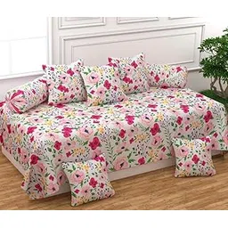FASSCETE Soft Glace Cotton Designer Printed Diwan Set, 1 Single Bedsheet, 2 Bolster Covers, 5 Cushion Covers,Multicolor - 8 Piece-image-42