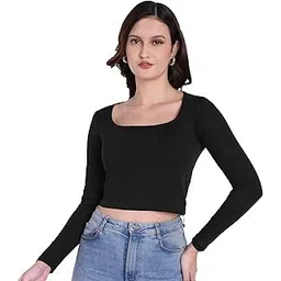 fasska Square Neck Long Full Sleeve Cotton Readymade Saree Blouse | Crop Top for Womens-picture-10