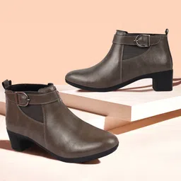 fausto Flared Heel Mid Ankle Classic Winter Buckle Strap Chelsea Boots For Women-picture-16