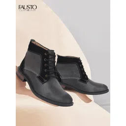 FAUSTO Men Black Leather Mid-Top Flat Boots-picture-41
