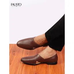 FAUSTO Men Brown Textured Leather Peshawari Formal Slip-Ons-picture-25