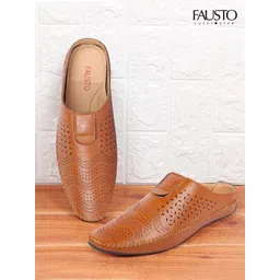 FAUSTO Men Tan Brown Perforations Lightweight PU Mules-picture-17
