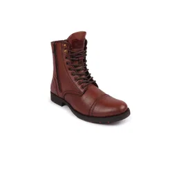 FAUSTO Men Tan Brown Solid Leather Heeled Biker Boots-picture-23