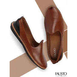 FAUSTO Men Tan Brown Solid Leather Mojaris-picture-25