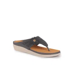 Fausto Women's Laser cut Bloom Dark Grey Thong Wedges-picture-13