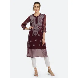 FAWOMENT Women Floral Embroidered Chikankari Handloom Georgette Kurta-picture-36