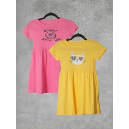 FAZZA Girls Pack of 2 Cotton Graphic Print Gathered or Pleated Fit and Flare Dress-picture-10