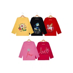 FAZZA Girls Pack Of 5 Graphic Printed Round Neck Cotton T-shirts-picture-21