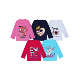 FAZZA Girls Pack Of 5 Graphic Printed Round Neck Cotton T-shirts-picture-18