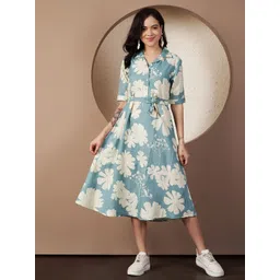 Fbella Women Floral Print Shirt Collar Cotton Shirt Style Midi Dress-picture-16
