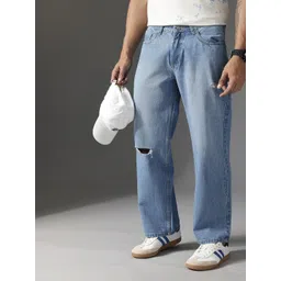 FCUK Men Smart Mid-Rise Low Distress Light Fade Baggy Pure Cotton Jeans-picture-20