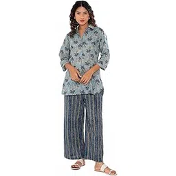 feathers closet Blue Mist Pure Cotton Collar Shirt Co-ord Set | Cord's Sets | Sleepwear | Nightwear | Loungewear | Pant Set for Women's-picture-15