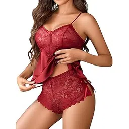 febeul Sexy Transparent Pajama Set for Women Lace Cami and Shorts Two Piece Satin Lingerie Honeymoon Western Nightwear Dress-picture-40