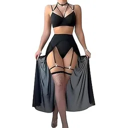 febeul Women’s Strappy Babydoll Lingerie Set with Harness Design Sheer Mesh Skirt Garter Belt Hollow Out Bra and Panty for Bridal Honeymoon Nightwear Black-picture-20